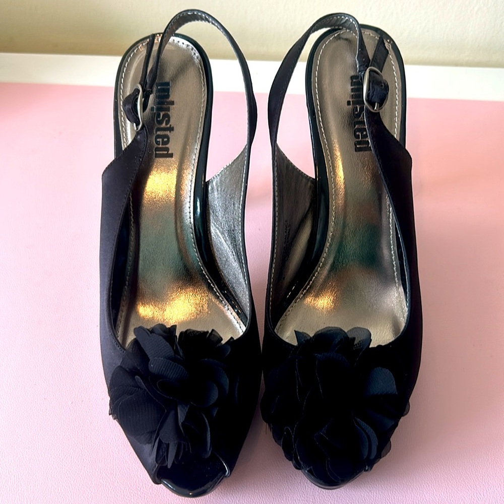 Black Satin Peep Toe Slingback Heels